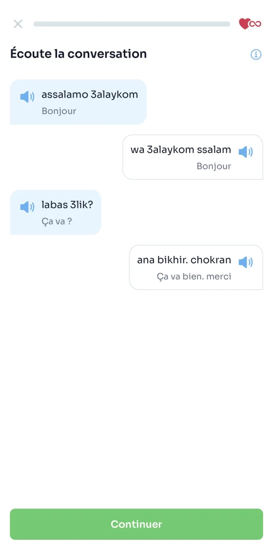 Capture d'écran Morolingo avec dialogues audio pour écouter la Darija