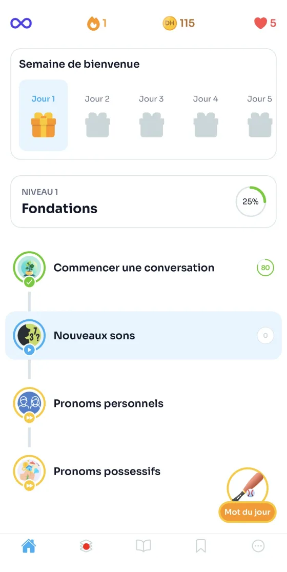 Capture d'écran Morolingo montrant la progression Darija et Amazigh