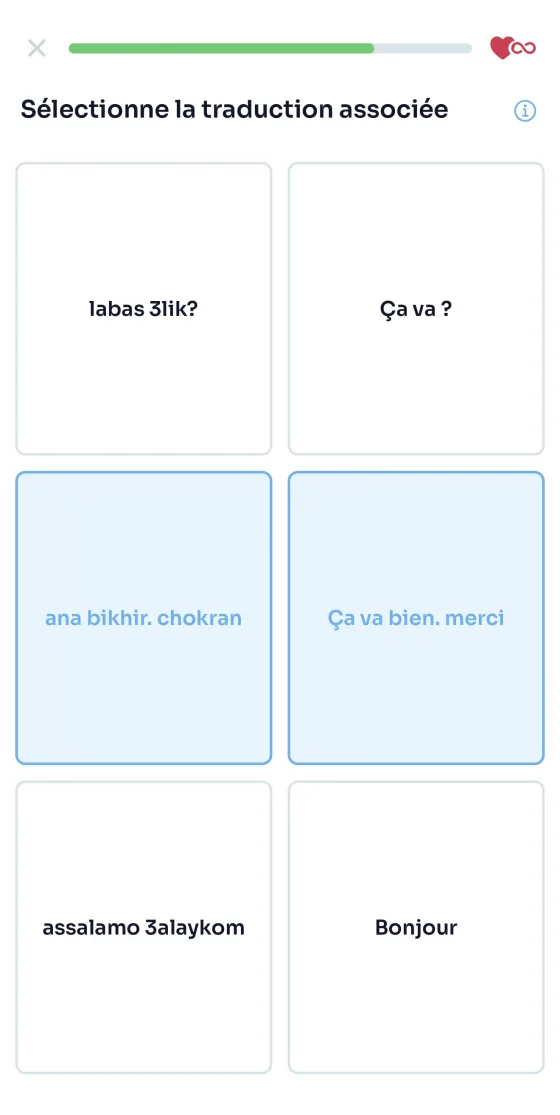 Capture d'écran Morolingo d'un quiz de traduction Darija